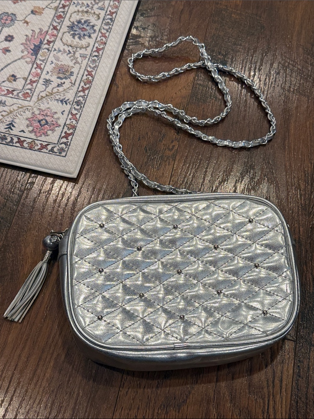 Silver Quilted Crossbody Bag with Tassel